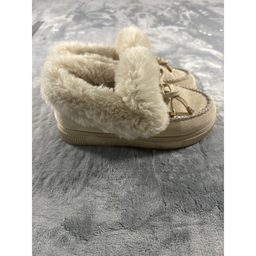 Bamboo Faux Suede Fur Lined Moccasin Slippers Tan Beige Platform Size 7